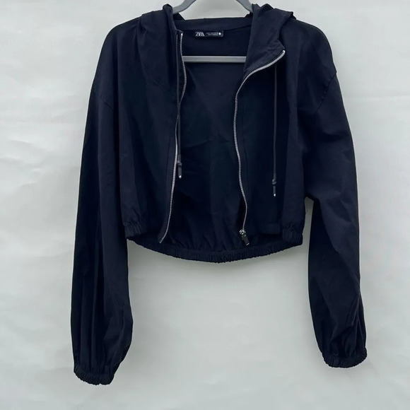 Zara Women's Black Zippered Front Long‎ Sleeve Cropped Hooded Windbreaker Size S - Picture 1 of 8